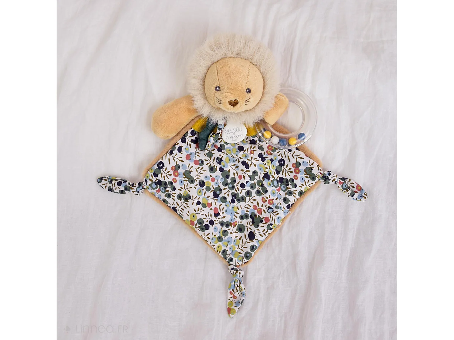 Doudou hochet 22 cm polyester BOH'AIME lion jaune multicolore