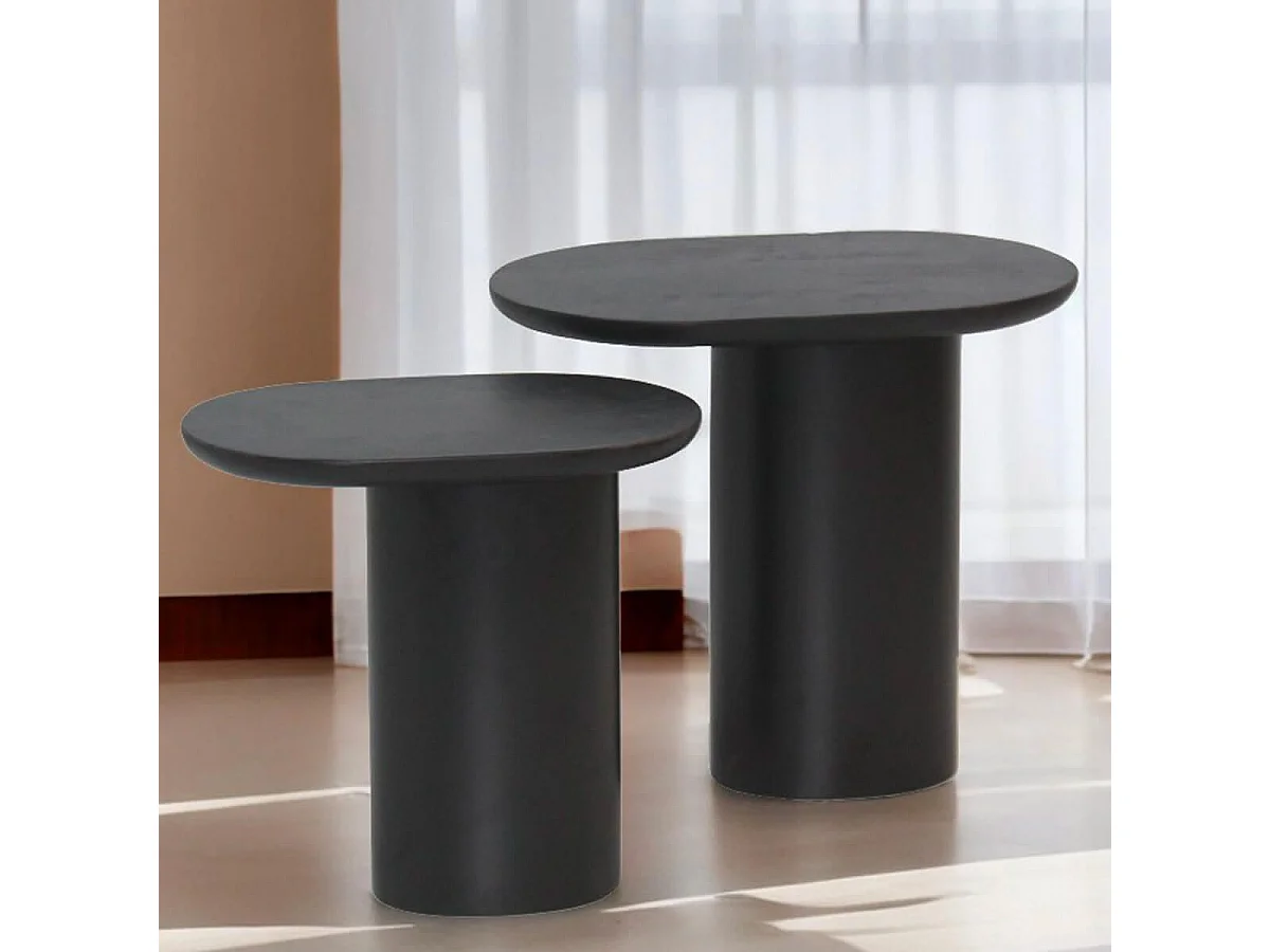 STELIAN - Lot de 2 Tables Basses Plateaux en Manguier teinté Noir Pieds Métal Noir