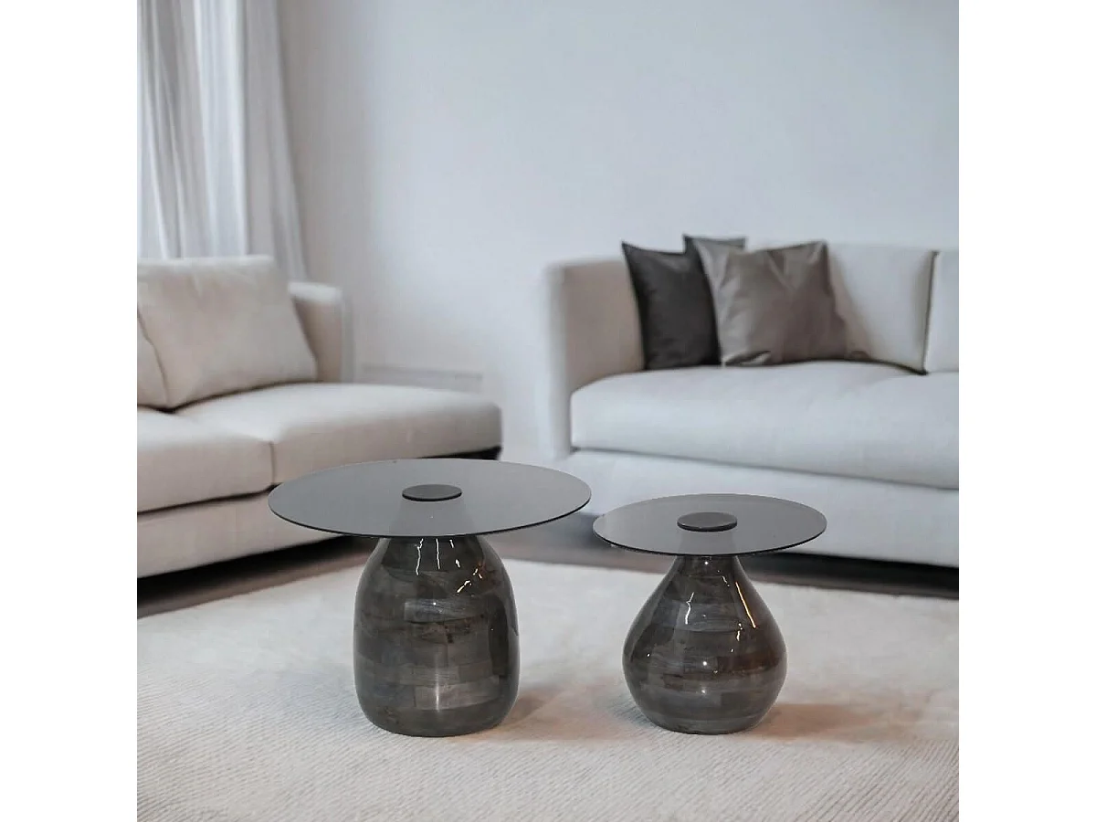 SALIM - Lot de 2 Tables Basse en Verre Fumé Noir Piètement en Manguier Vernis Gloss