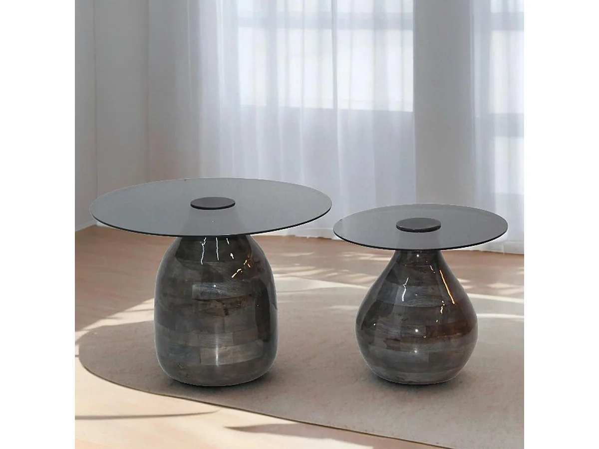 SALIM - Lot de 2 Tables Basse en Verre Fumé Noir Piètement en Manguier Vernis Gloss