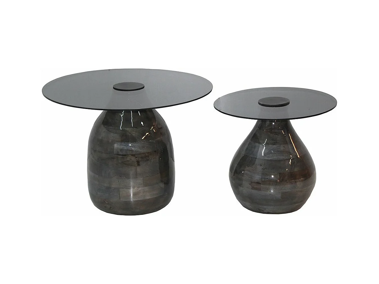 SALIM - Lot de 2 Tables Basse en Verre Fumé Noir Piètement en Manguier Vernis Gloss