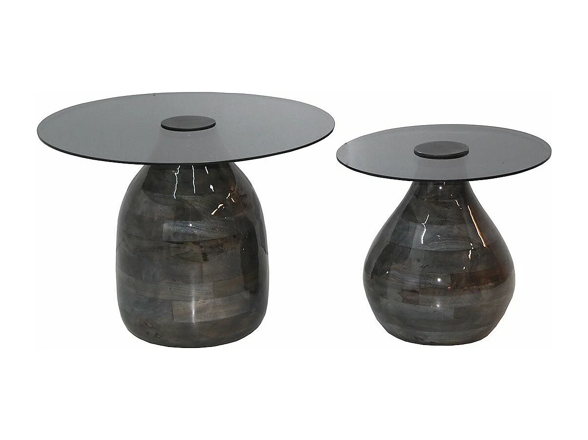SALIM - Lot de 2 Tables Basse en Verre Fumé Noir Piètement en Manguier Vernis Gloss