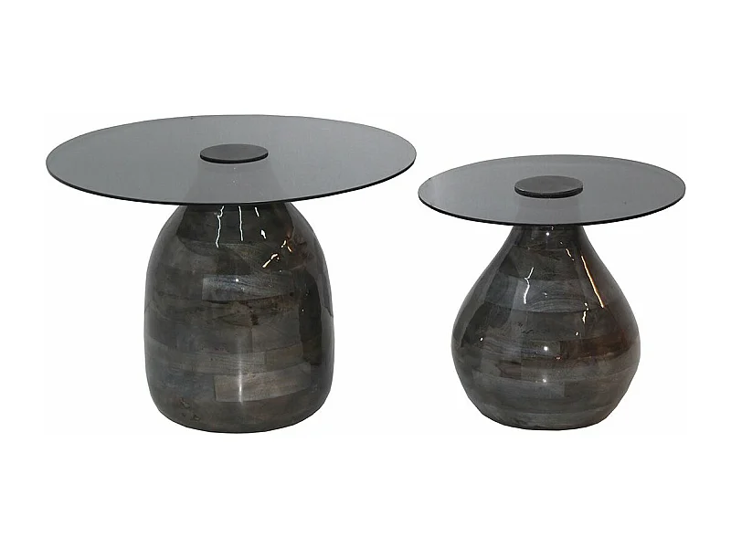 SALIM - Lot de 2 Tables Basse en Verre Fumé Noir Piètement en Manguier Vernis Gloss