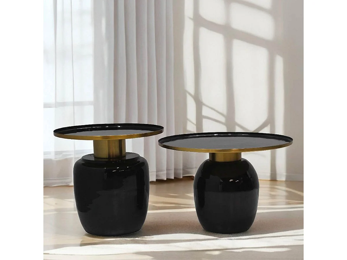 SIBYLLE - Lot de 2 Tables Basses en Acier Emaillé Noir et Doré
