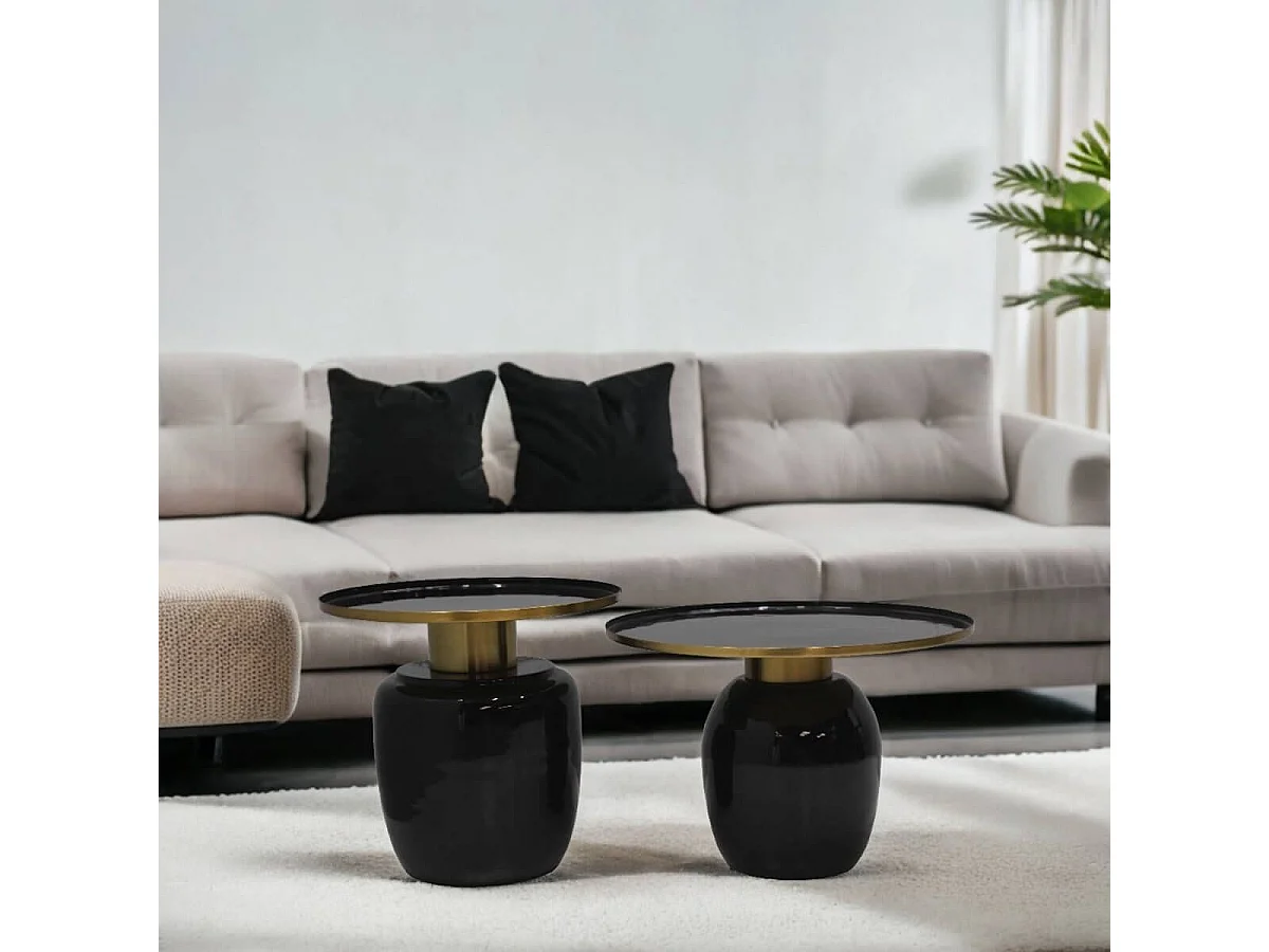 SIBYLLE - Lot de 2 Tables Basses en Acier Emaillé Noir et Doré