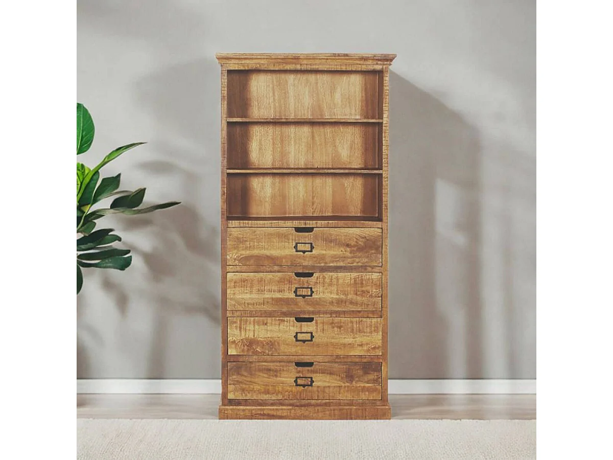 VALMON - Bibliothèque en Manguier 4 Tiroirs et 2 Etagères