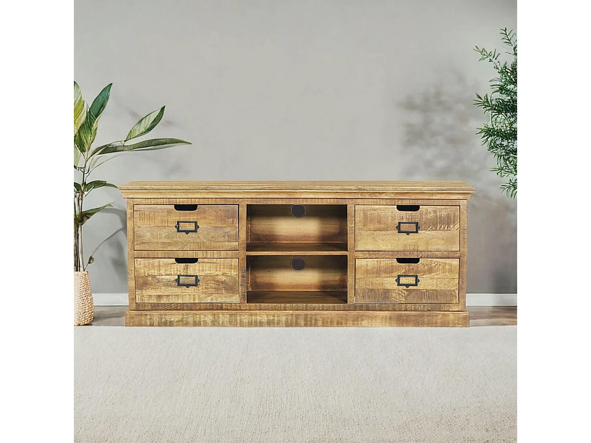 VALMON - Meuble TV en Manguier 4 Tiroirs et 2 Niches