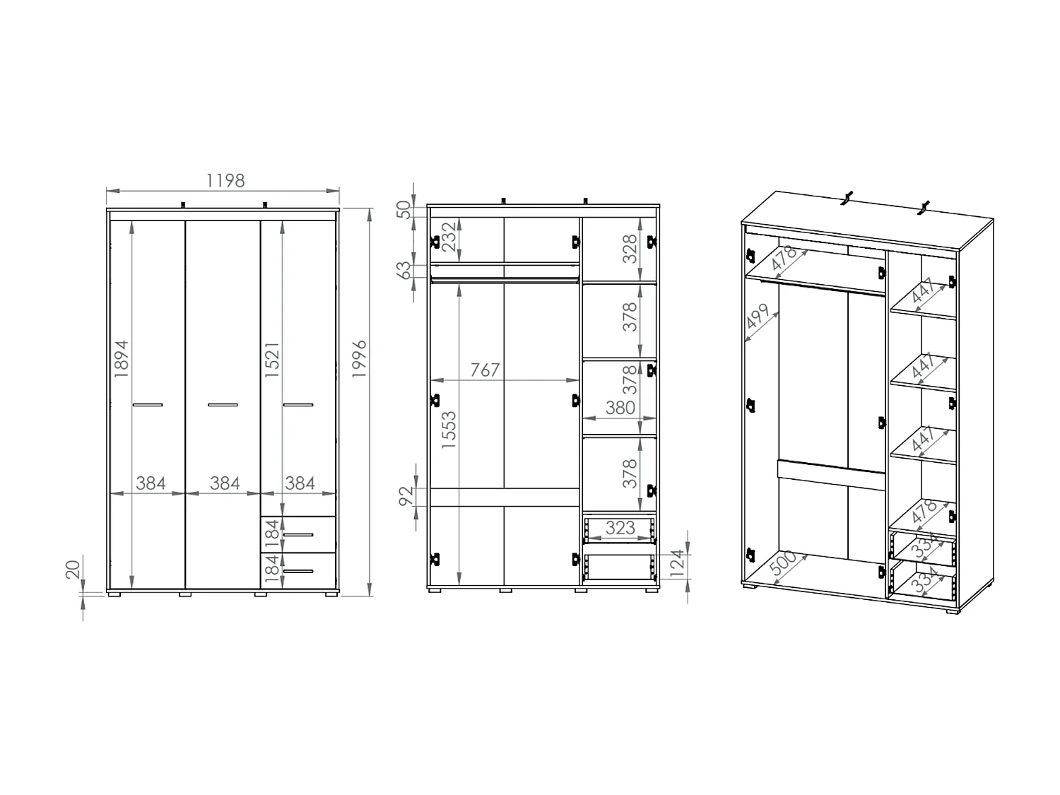 KLEIDERSCHRANK Avo Sonoma Eiche, Absetzung austauschbar 120 / 50 / 200cm