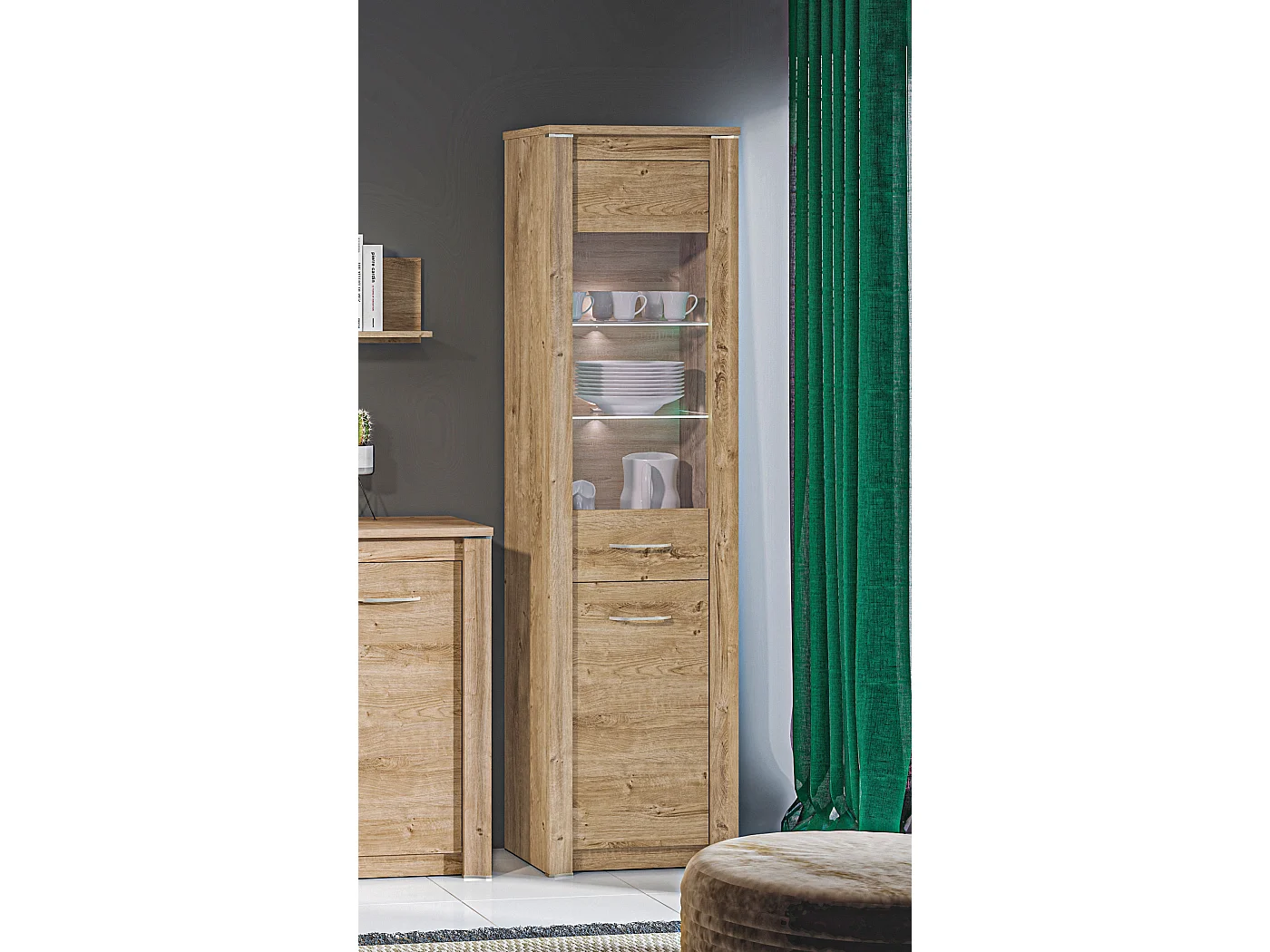 VITRINE Luis Ribbeck Eiche, champagnerfarben verchromt 55 / 40 / 202cm