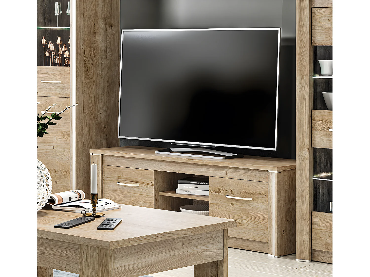 LOWBOARD Luis Ribbeck Eiche, champagnerfarben verchromt, 138 / 40 / 48cm