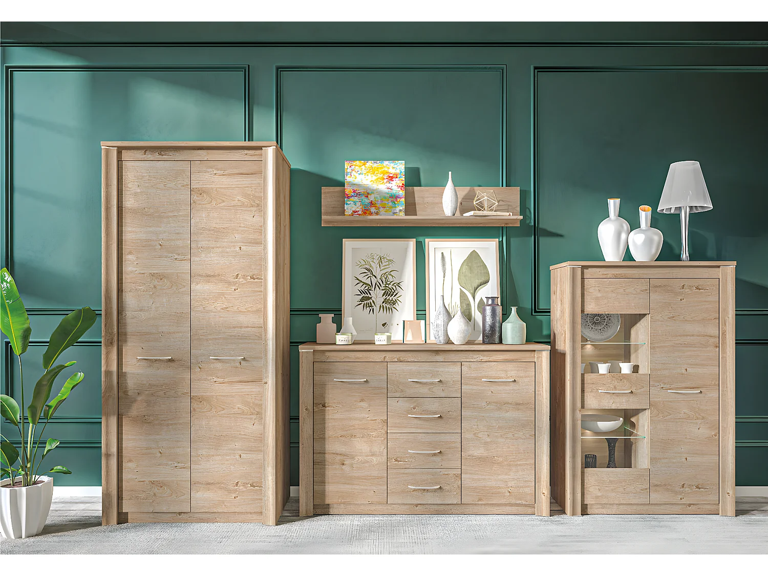 WOHNWAND Luis Ribbeck Eiche, champagnerfarben verchromt 4-teilig