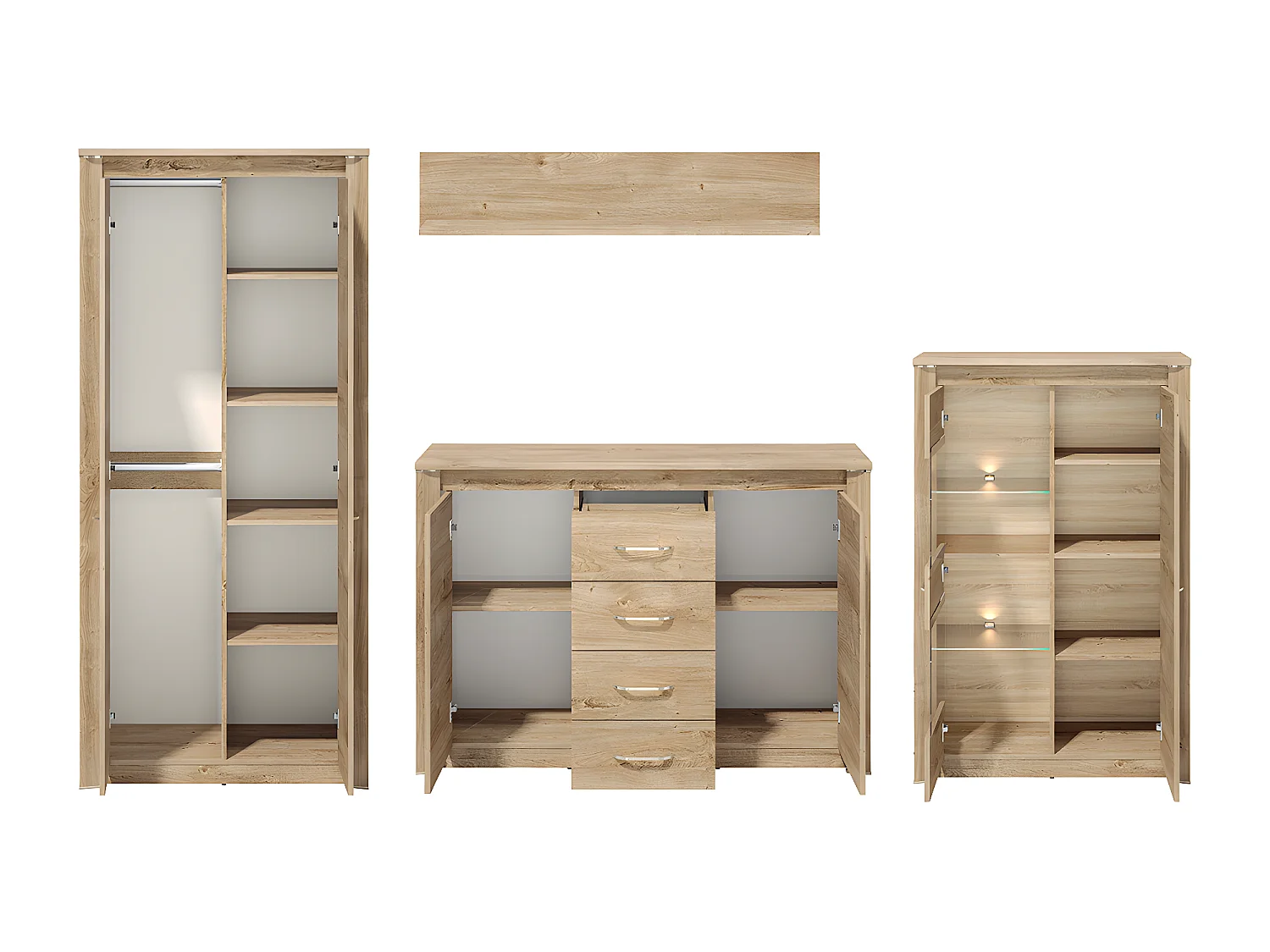 WOHNWAND Luis Ribbeck Eiche, champagnerfarben verchromt 4-teilig