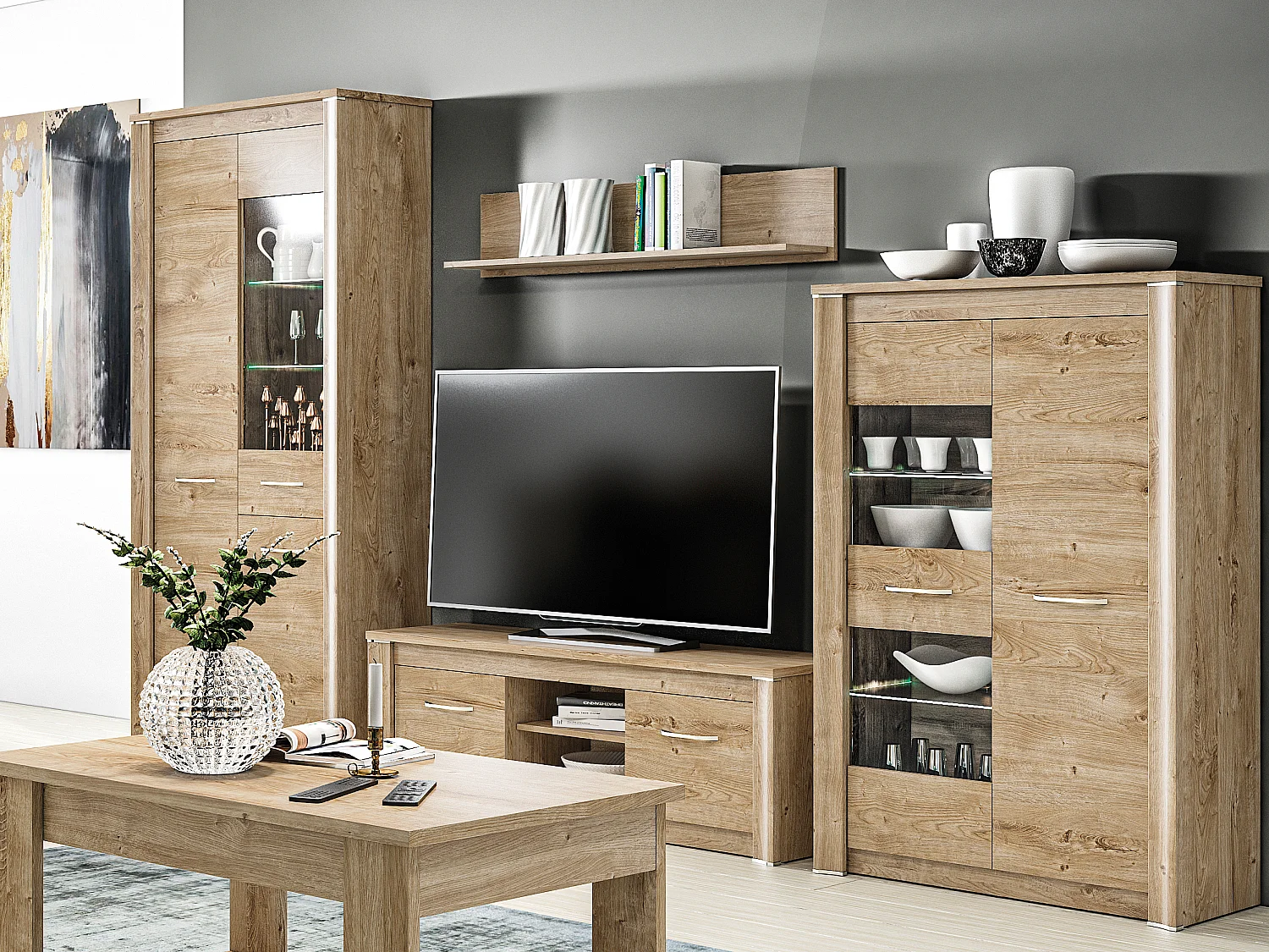 WOHNWAND Luis Ribbeck Eiche, champagnerfarben verchromt, 4-teilig