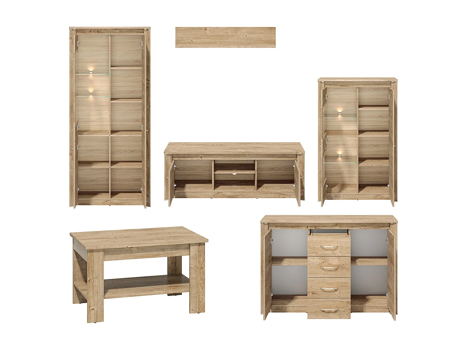 WOHNZIMMER-SET Luis Ribbeck Eiche, champagnerfarben verchromt, 6-teilig