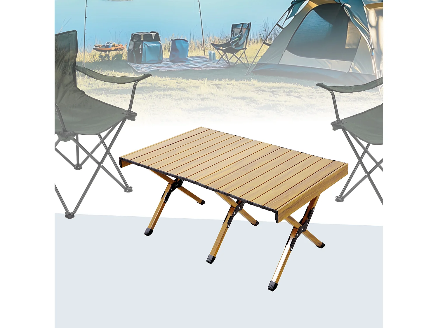 Table de camping pliable JAWINIO, table pliante portable en aluminium aspect bois