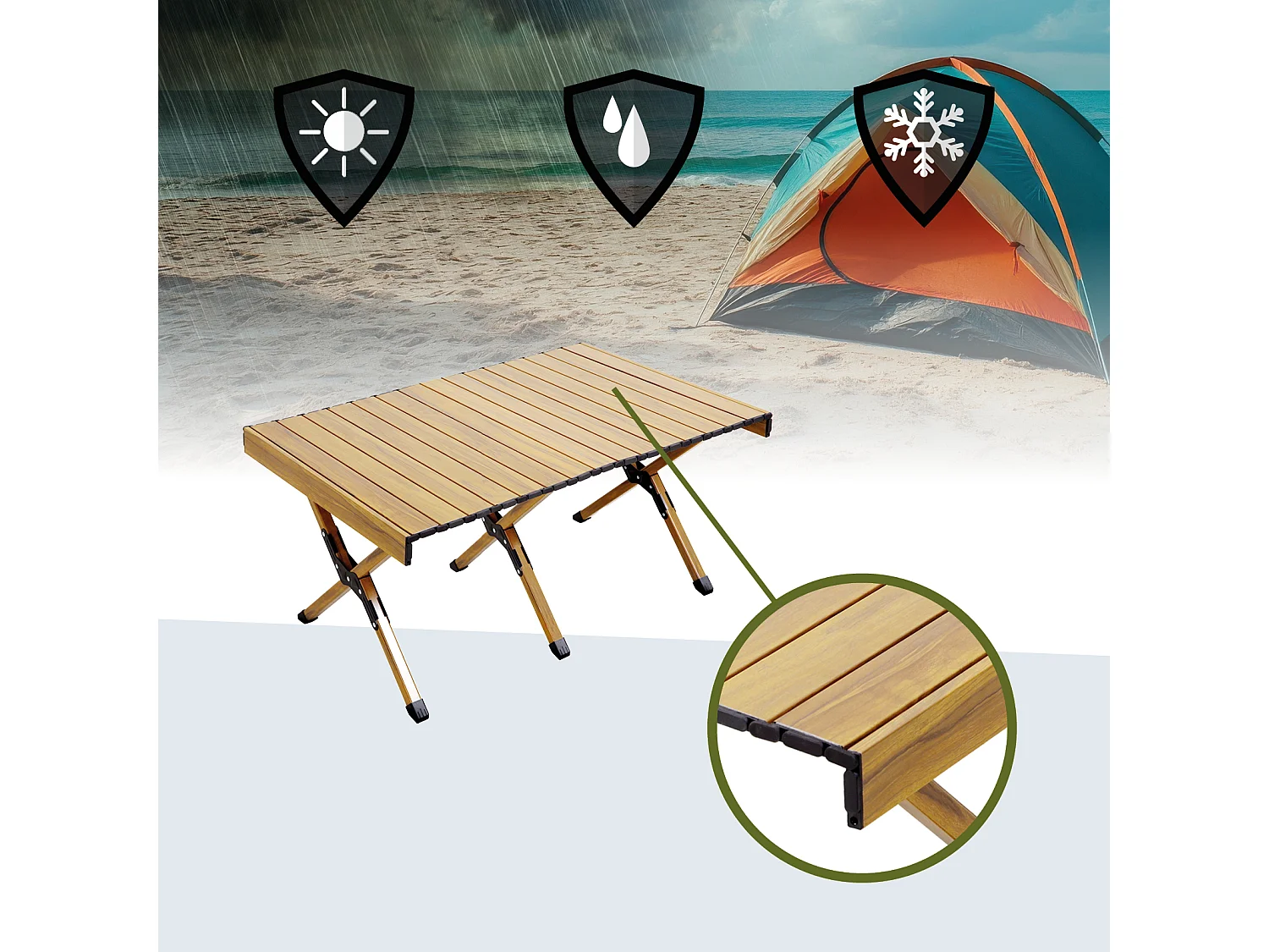 Table de camping pliable JAWINIO, table pliante portable en aluminium aspect bois