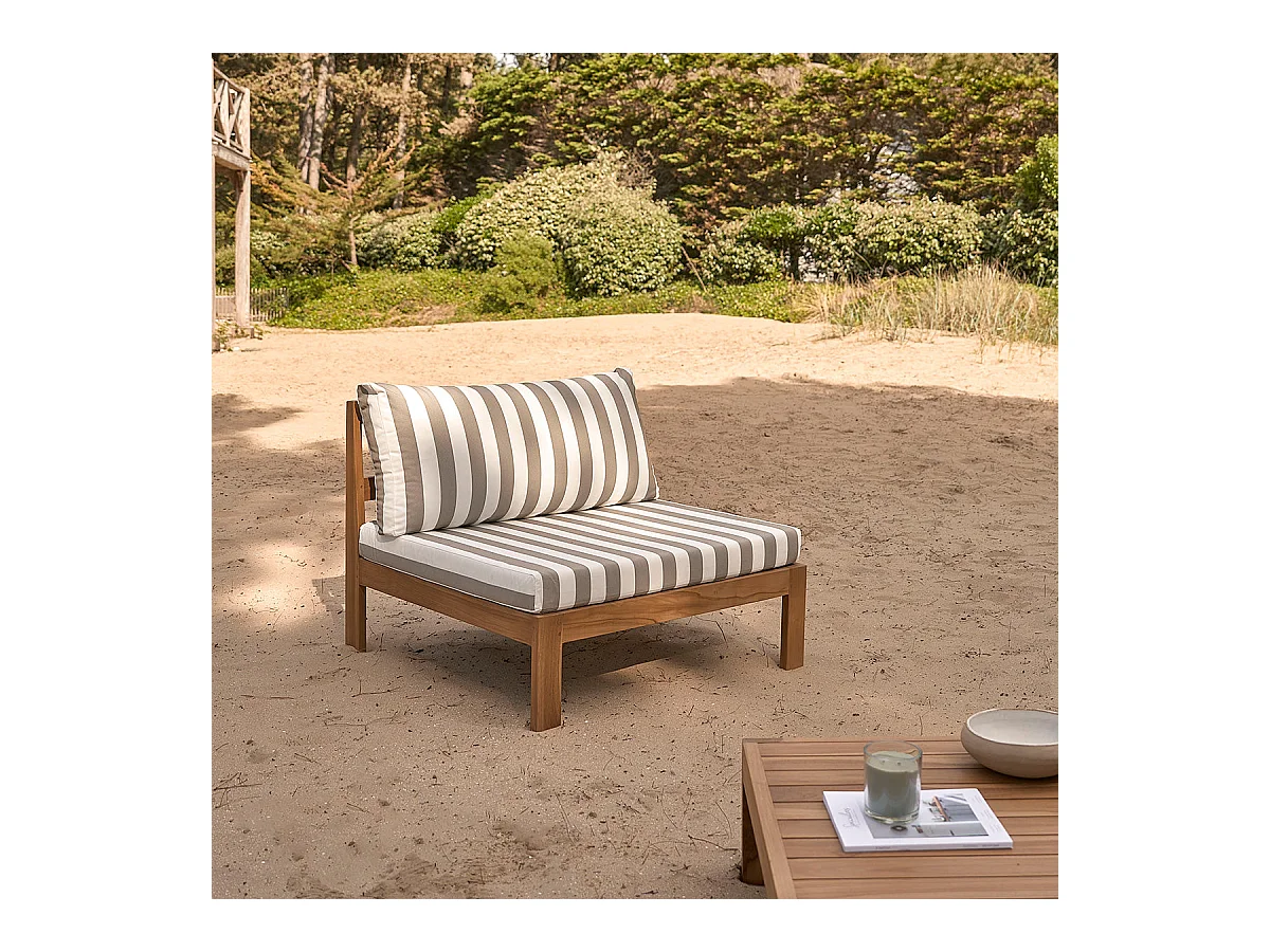 Fauteuil de jardin en teck massif rayé blanc et taupe