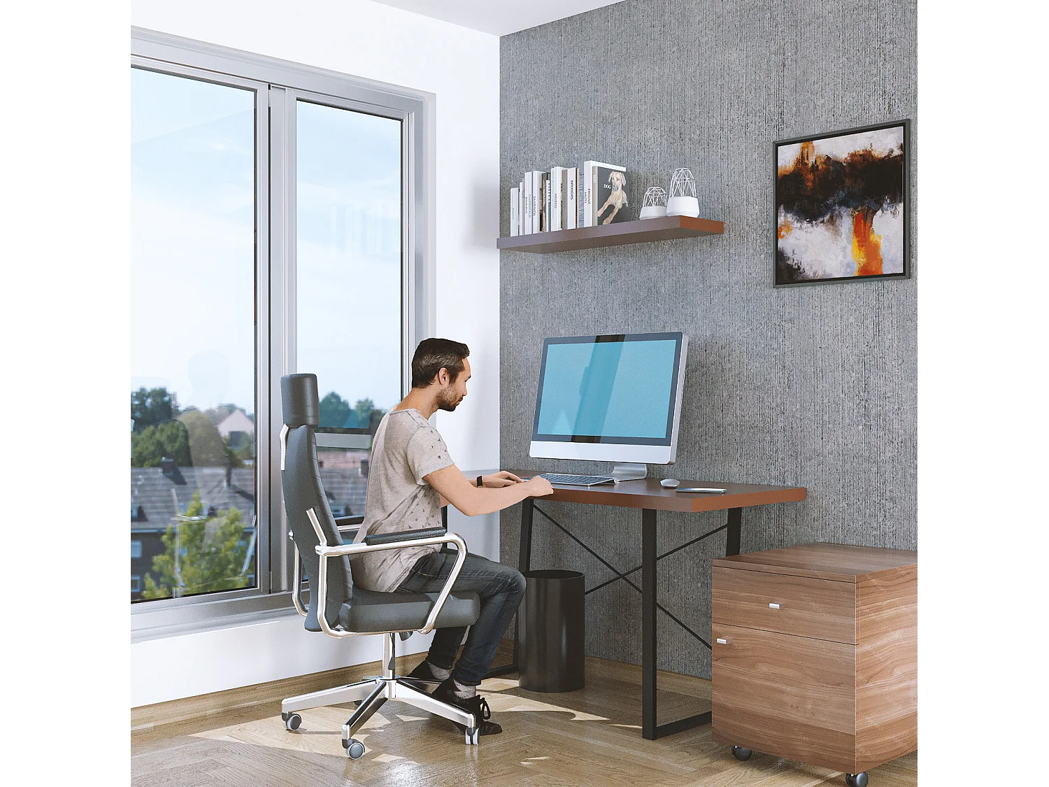 Industrial Bureau aspect noyer avec pieds en métal