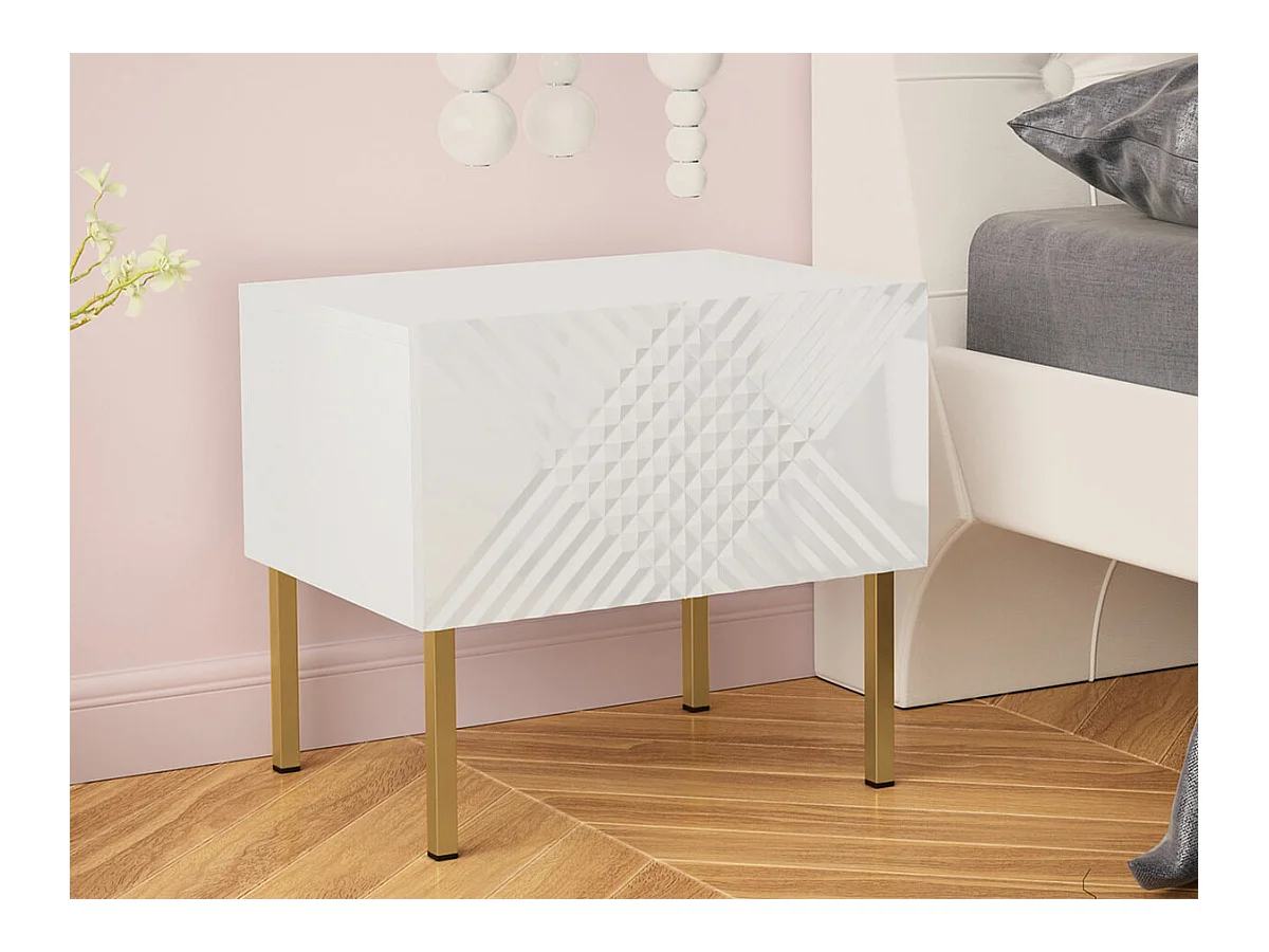Table de chevet Levelbu 102, Blanc|Blanc brillant, Nombre de tiroirs: 1, 46x50x35cm