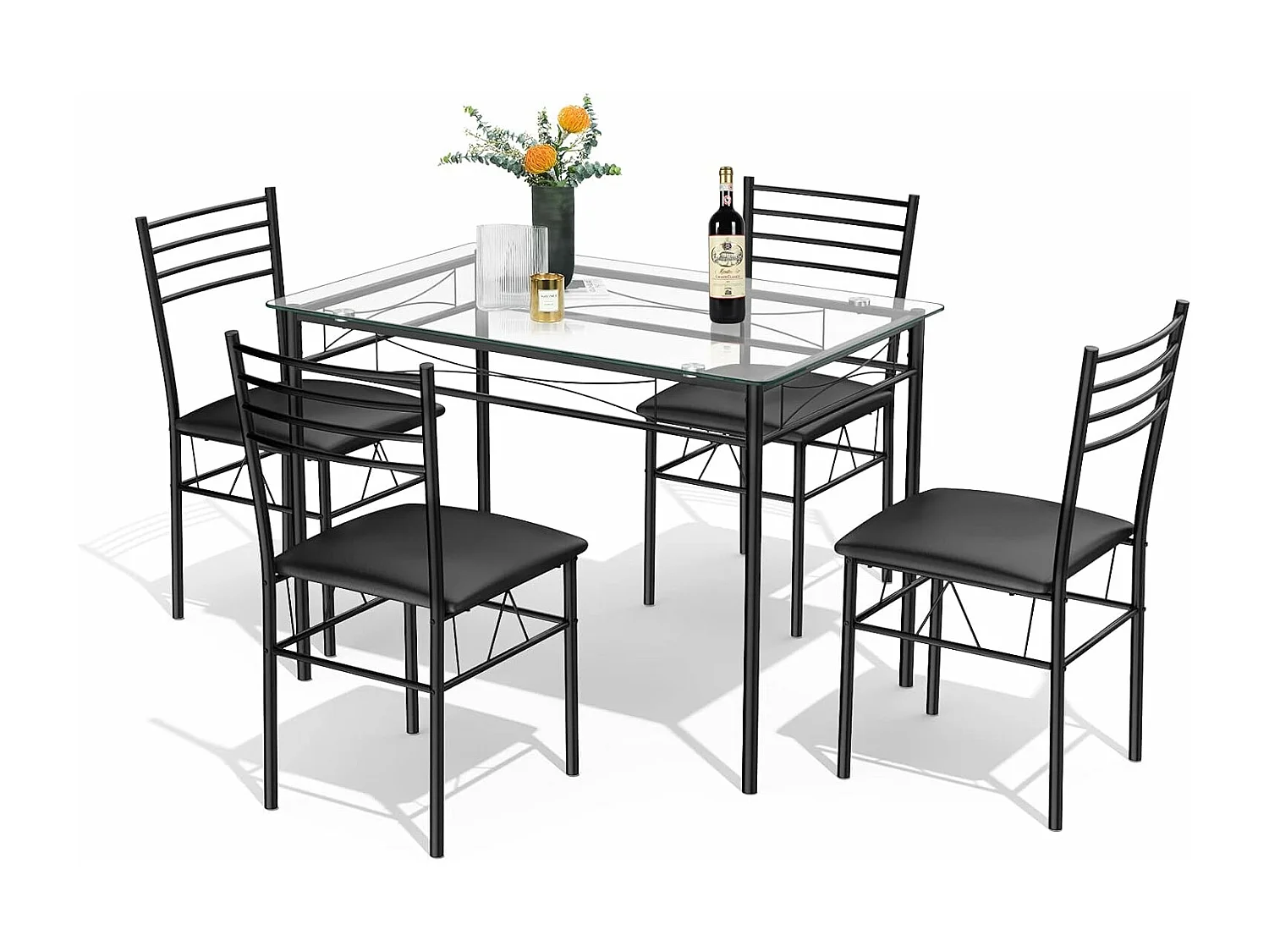 Ensemble Table et 4 Chaises, Table à Manger en Verre avec 4 Chaises Rembourrées, Cadre en Métal, Noir, pour Salle à Manger, Cuisine, Restaurant, Salon