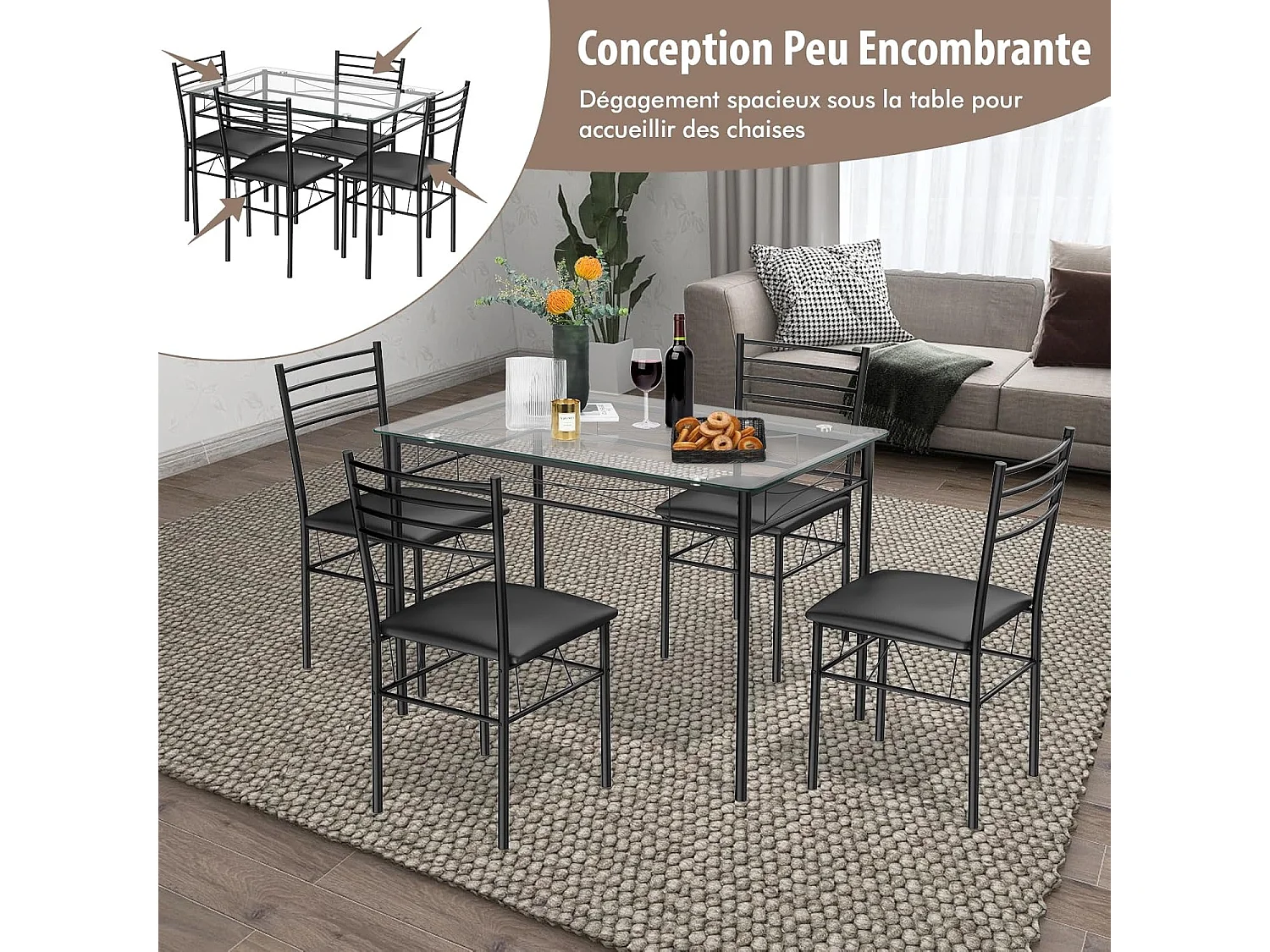 Ensemble Table et 4 Chaises, Table à Manger en Verre avec 4 Chaises Rembourrées, Cadre en Métal, Noir, pour Salle à Manger, Cuisine, Restaurant, Salon