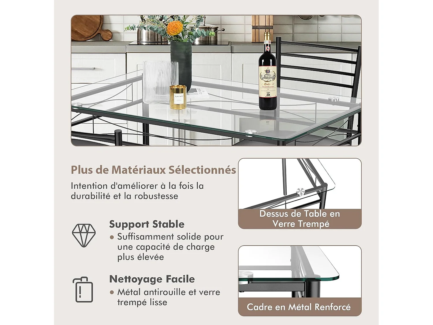 Ensemble Table et 4 Chaises, Table à Manger en Verre avec 4 Chaises Rembourrées, Cadre en Métal, Noir, pour Salle à Manger, Cuisine, Restaurant, Salon