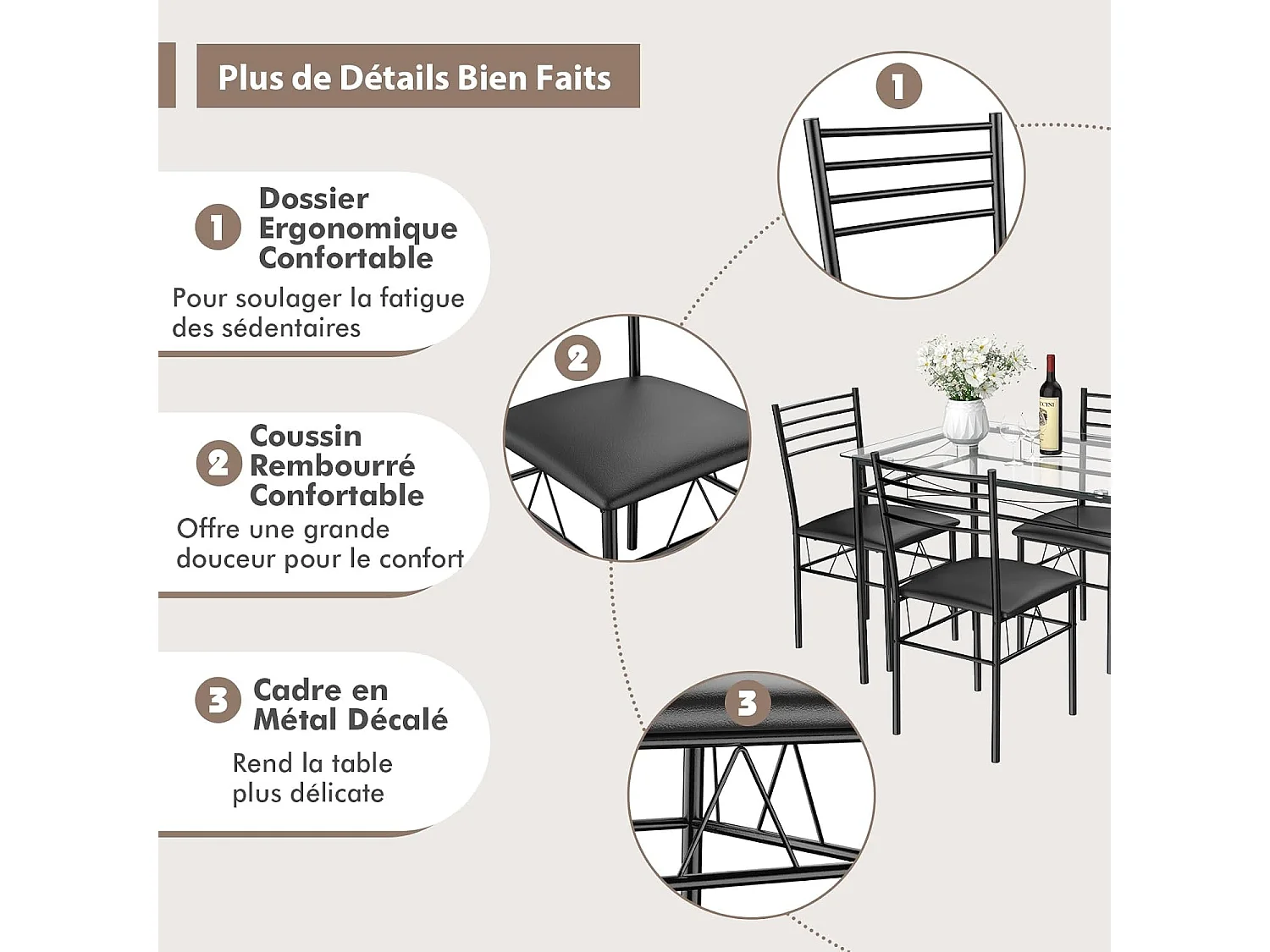 Ensemble Table et 4 Chaises, Table à Manger en Verre avec 4 Chaises Rembourrées, Cadre en Métal, Noir, pour Salle à Manger, Cuisine, Restaurant, Salon