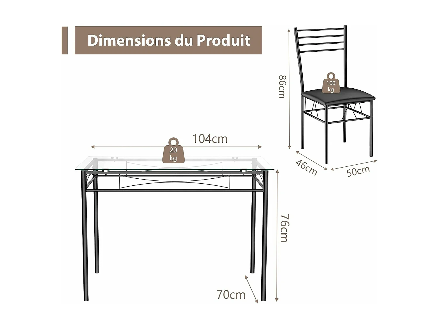 Ensemble Table et 4 Chaises, Table à Manger en Verre avec 4 Chaises Rembourrées, Cadre en Métal, Noir, pour Salle à Manger, Cuisine, Restaurant, Salon