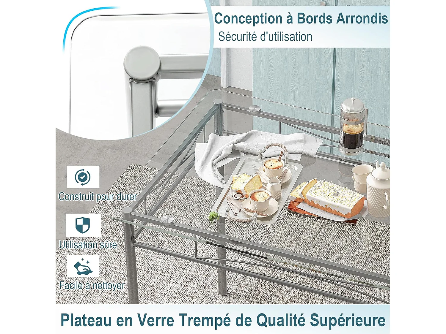Ensemble Table et 4 Chaises, Table à Manger avec 4 Chaises, Cadre en Métal, Table Cuisine en Verre pour Salle à Manger, Cuisine, Restaurant, Salon