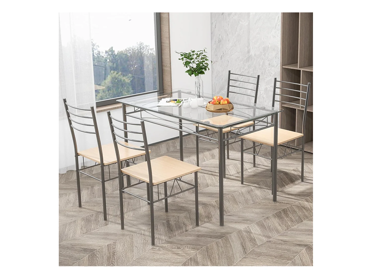 Ensemble Table et 4 Chaises, Table à Manger avec 4 Chaises, Cadre en Métal, Table Cuisine en Verre pour Salle à Manger, Cuisine, Restaurant, Salon
