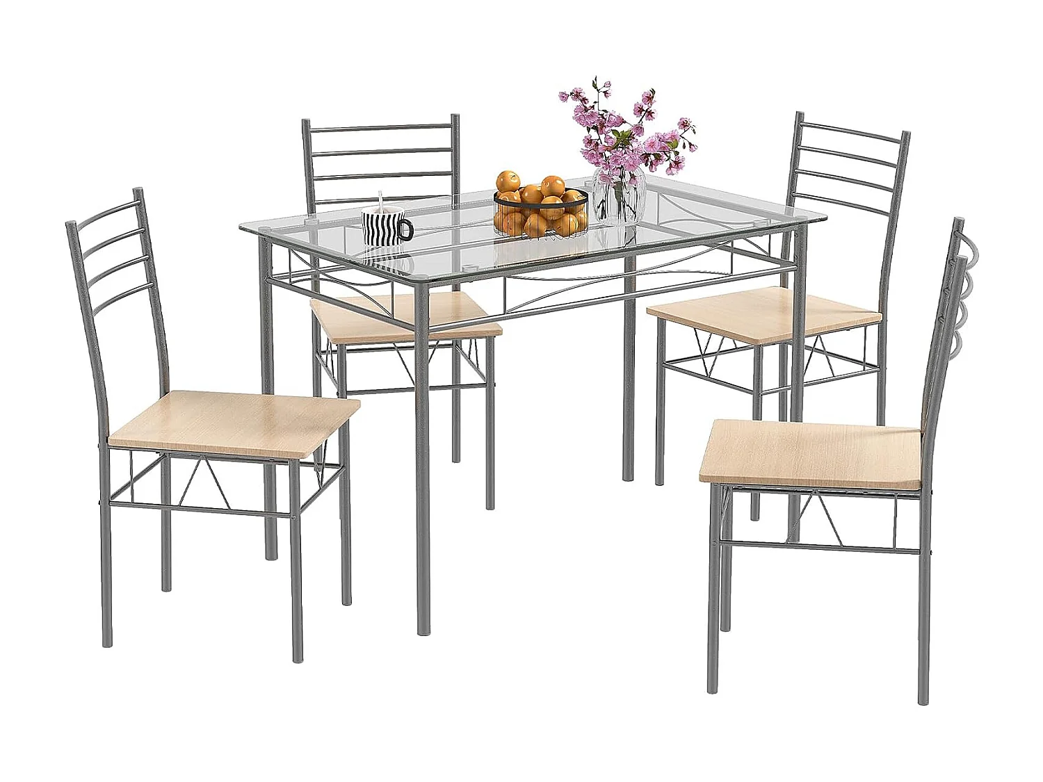 Ensemble Table et 4 Chaises, Table à Manger avec 4 Chaises, Cadre en Métal, Table Cuisine en Verre pour Salle à Manger, Cuisine, Restaurant, Salon