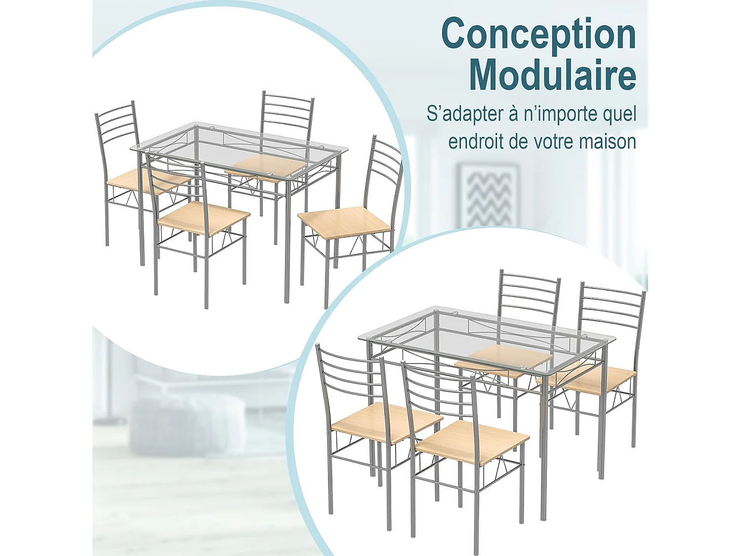Ensemble Table et 4 Chaises, Table à Manger avec 4 Chaises, Cadre en Métal, Table Cuisine en Verre pour Salle à Manger, Cuisine, Restaurant, Salon