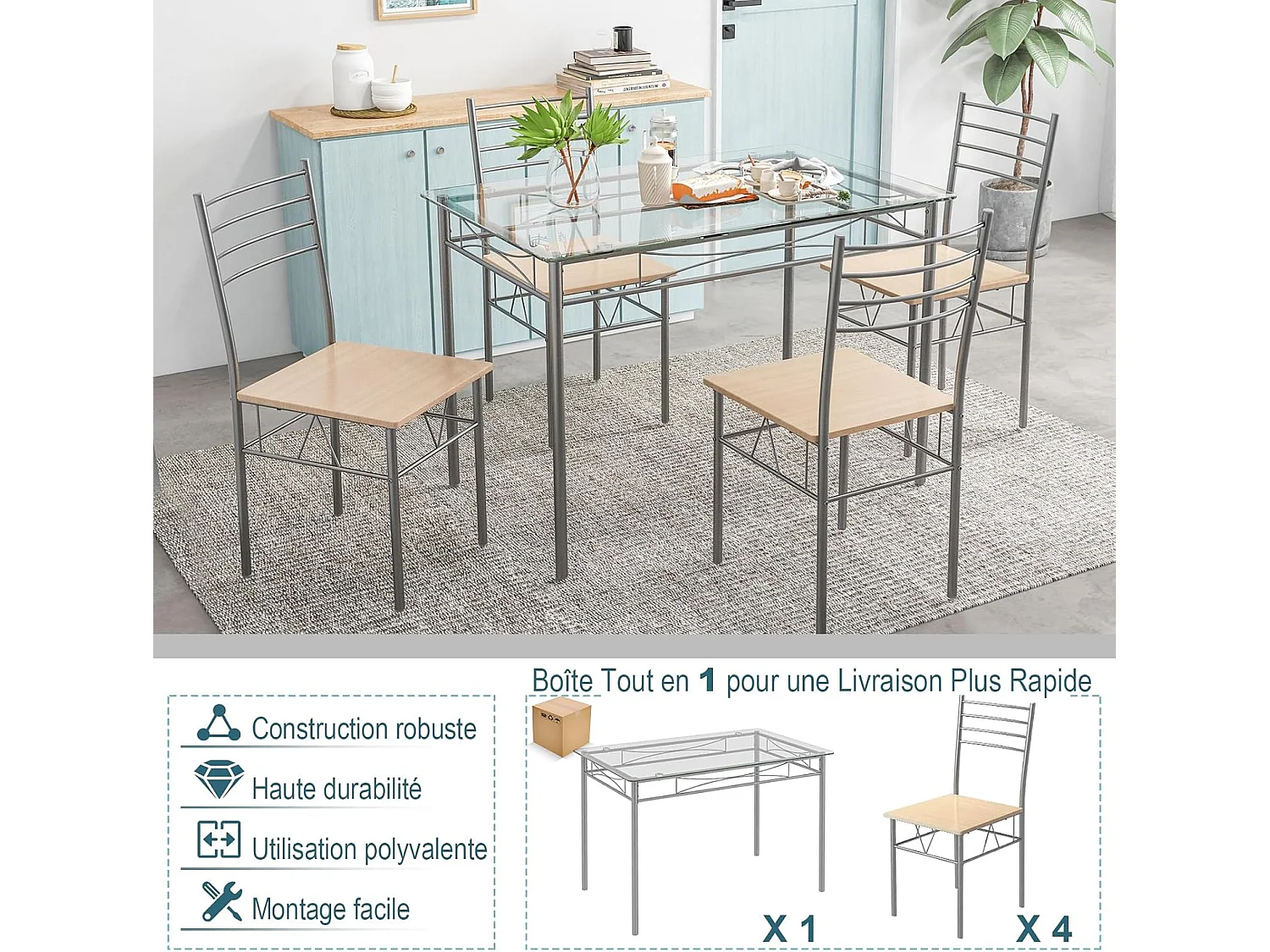 Ensemble Table et 4 Chaises, Table à Manger avec 4 Chaises, Cadre en Métal, Table Cuisine en Verre pour Salle à Manger, Cuisine, Restaurant, Salon