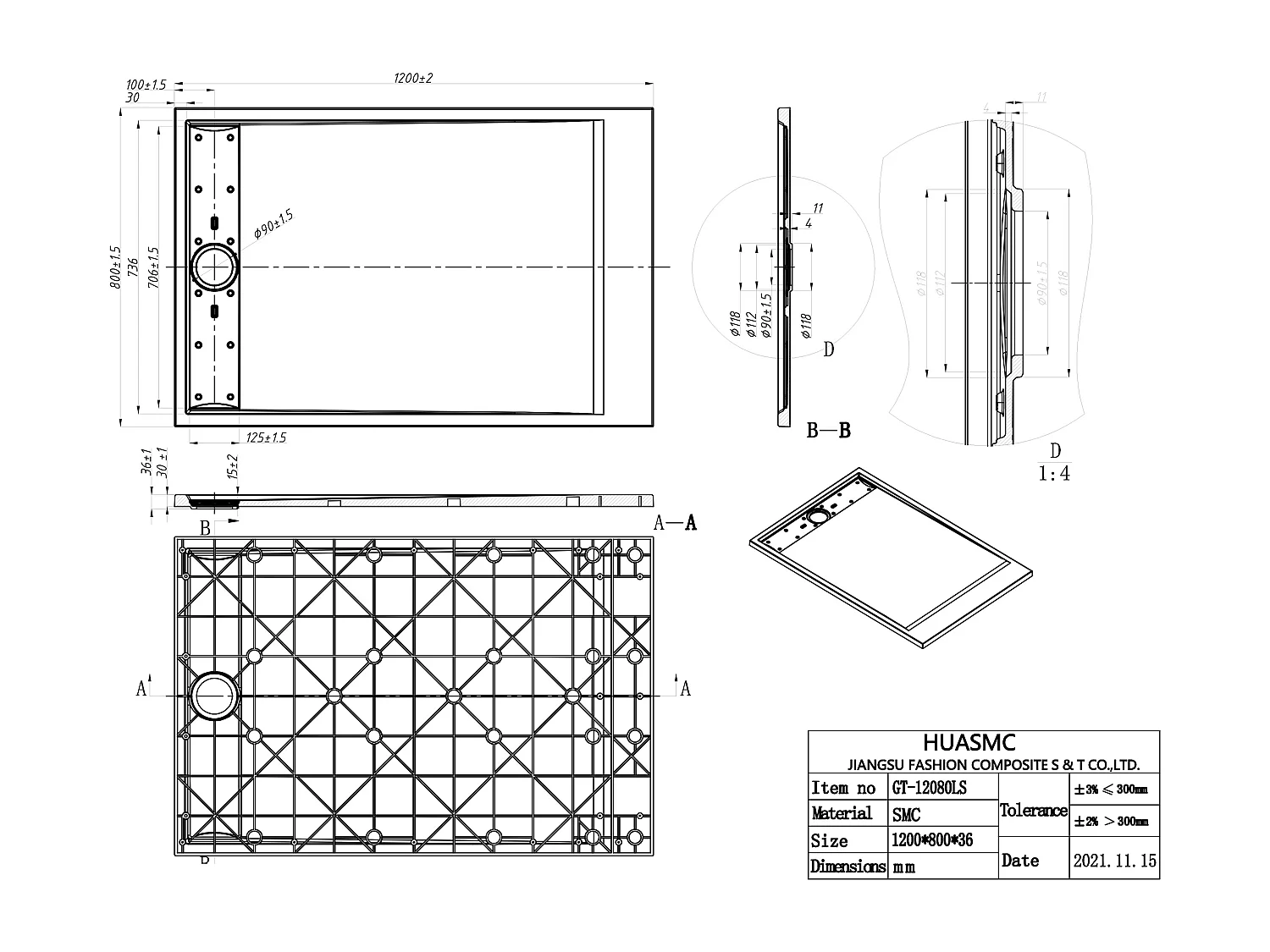 Plato de ducha de resina para instalar o empotrar con sifón - Blanco - 120 x 80 cm - MIRNOSA