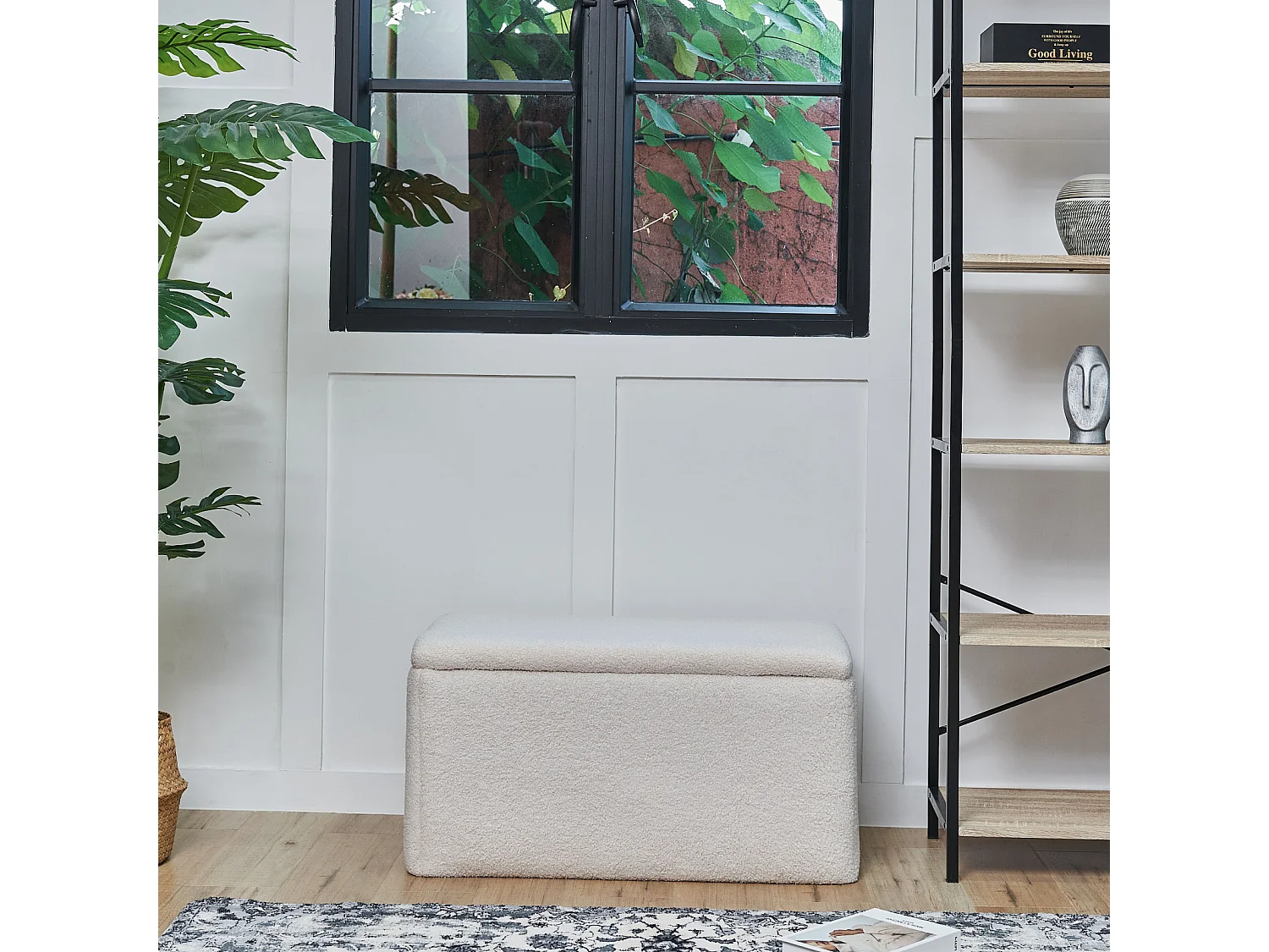 SVITA LEAF Banc Tabouret avec espace de rangement Boîte de rangement avec couvercle Blanc