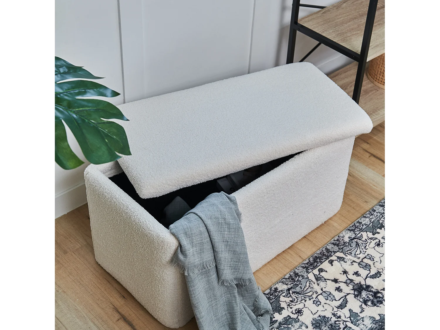 SVITA LEAF Banc Tabouret avec espace de rangement Boîte de rangement avec couvercle Blanc