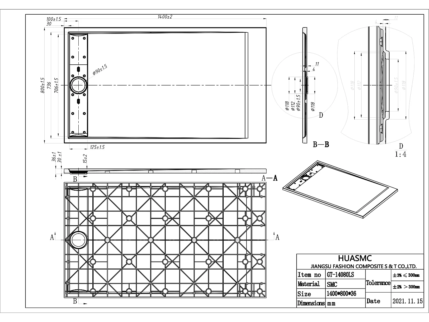 Brodzik posadzkowy lub wpuszczany w posadzkę z żywicy z syfonem - Biały - 140 x 80 cm - LYROSA
