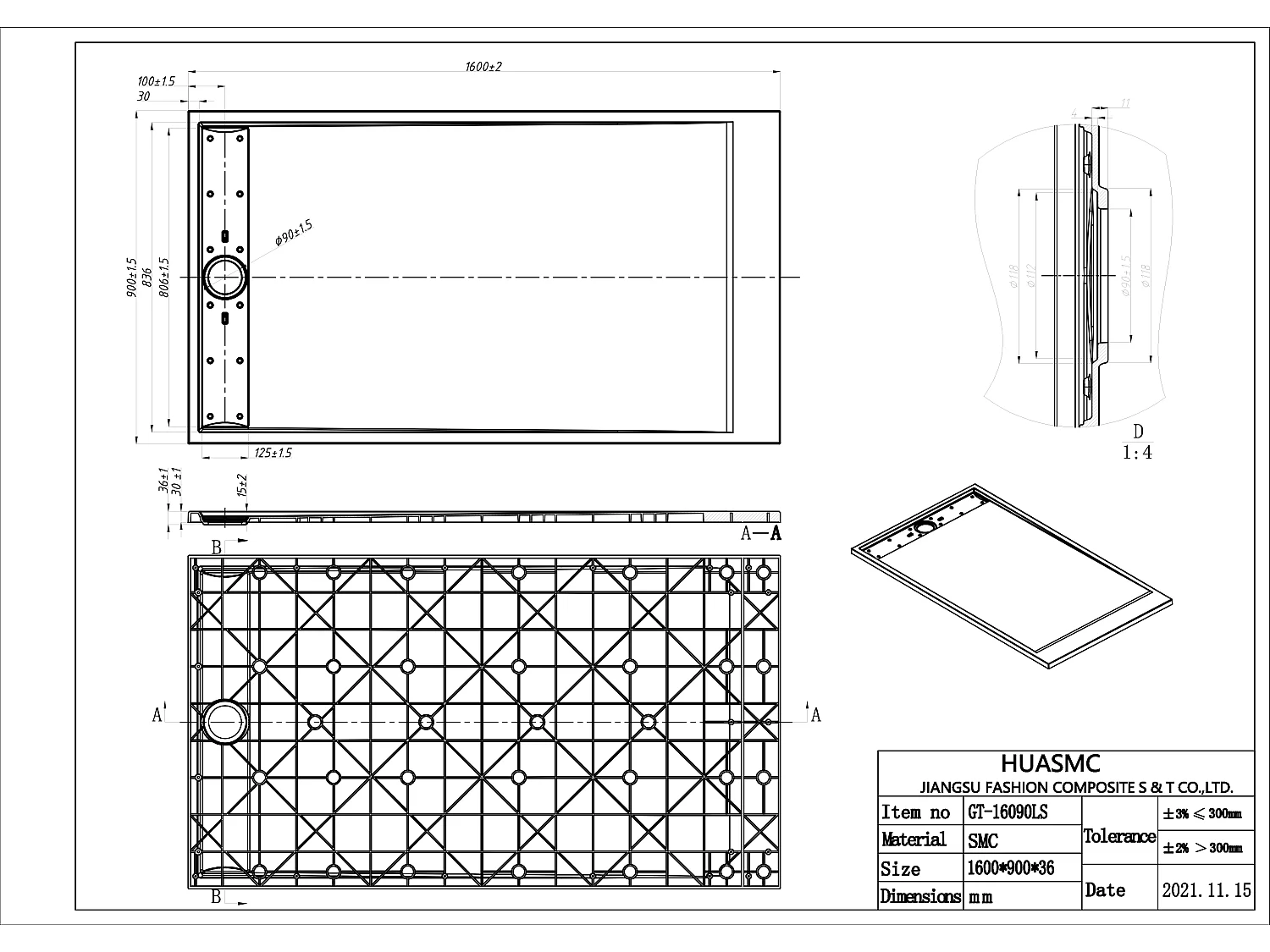 Receveur de douche extra plat à poser ou à encastrer recoupable en résine SMC avec siphon - Noir - 160 x 90 cm - LYROSA