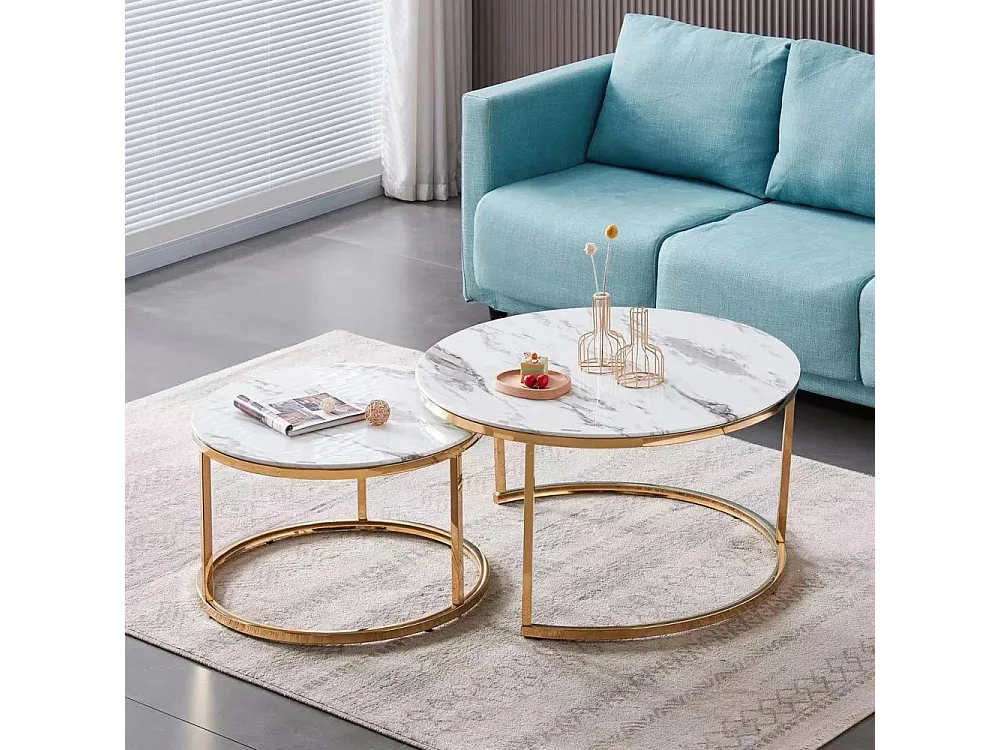 Ensemble de 2 Tables basses Gigogne Marbre Blanc Gold Brossé