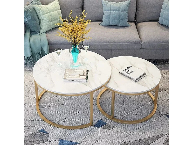 Ensemble de 2 Tables basses Gigogne Marbre Blanc Gold Brossé