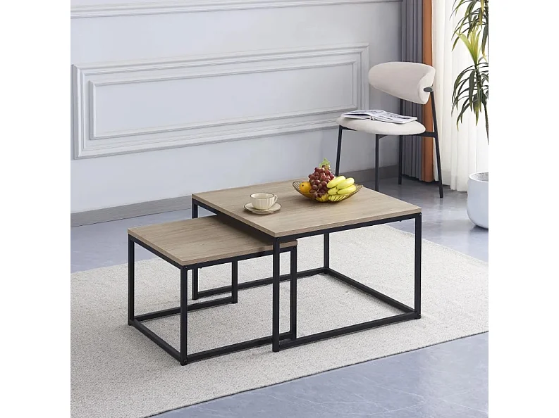 Table basse gigogne BELGRADE métal noir plateau en bois