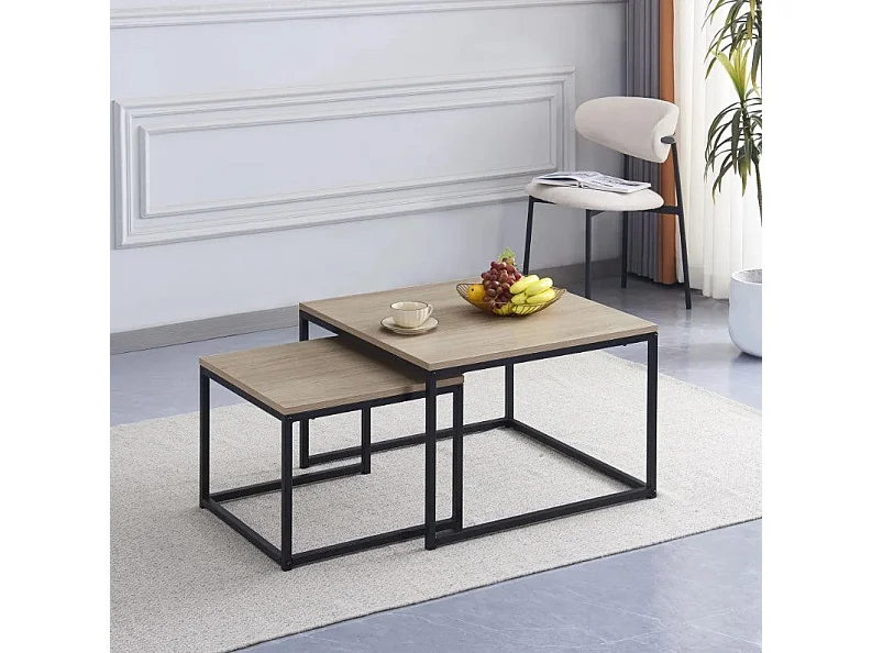 Lot 2 Tables Basses Gigognes BELGRADE Métal Noir Plateau Bois Effet Chêne Griffé 70x70x46 / 50x50x40cm