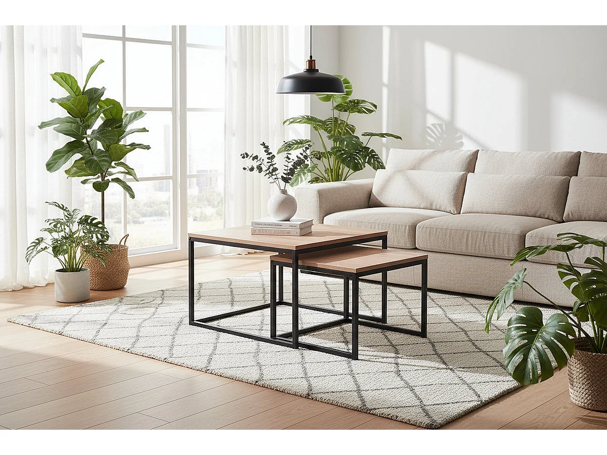 Lot 2 Tables Basses Gigognes BELGRADE Métal Noir Plateau Bois Effet Chêne Griffé 70x70x46 / 50x50x40cm