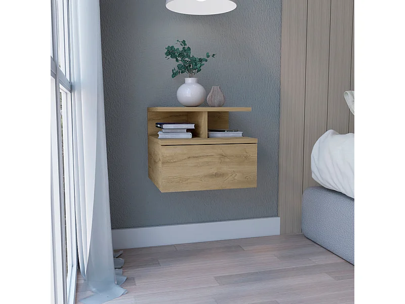 Mesa de cabeceira flutuante Augusta com duas prateleiras abertas e uma gaveta em calha metálica, 29.5 cm X 35.6 cm X 33.6 cm , Macadâmia