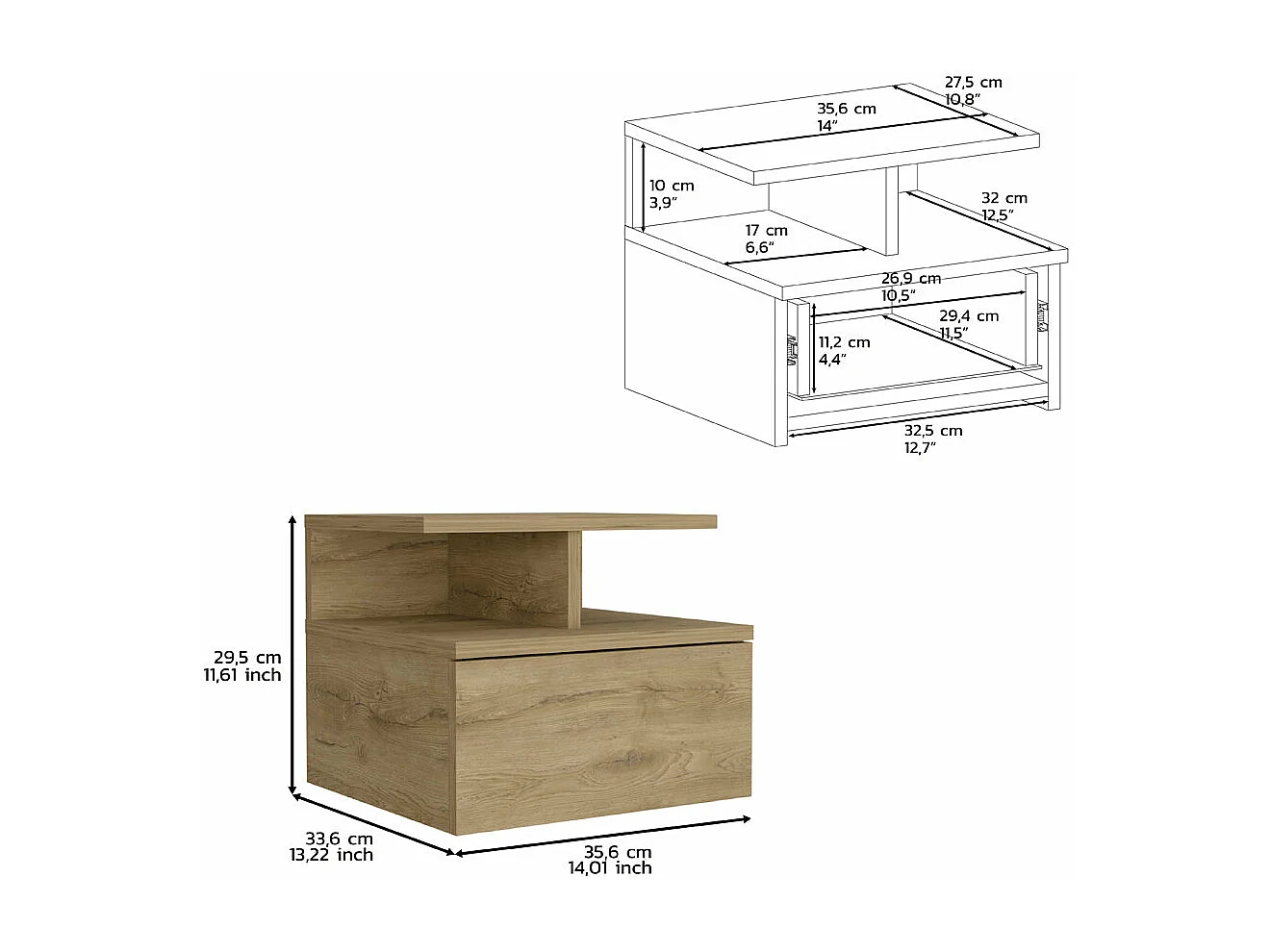 Mesa de cabeceira flutuante Augusta com duas prateleiras abertas e uma gaveta em calha metálica, 29.5 cm X 35.6 cm X 33.6 cm , Macadâmia
