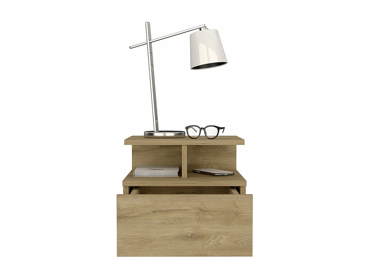 Mesa de cabeceira flutuante Augusta com duas prateleiras abertas e uma gaveta em calha metálica, 29.5 cm X 35.6 cm X 33.6 cm , Macadâmia