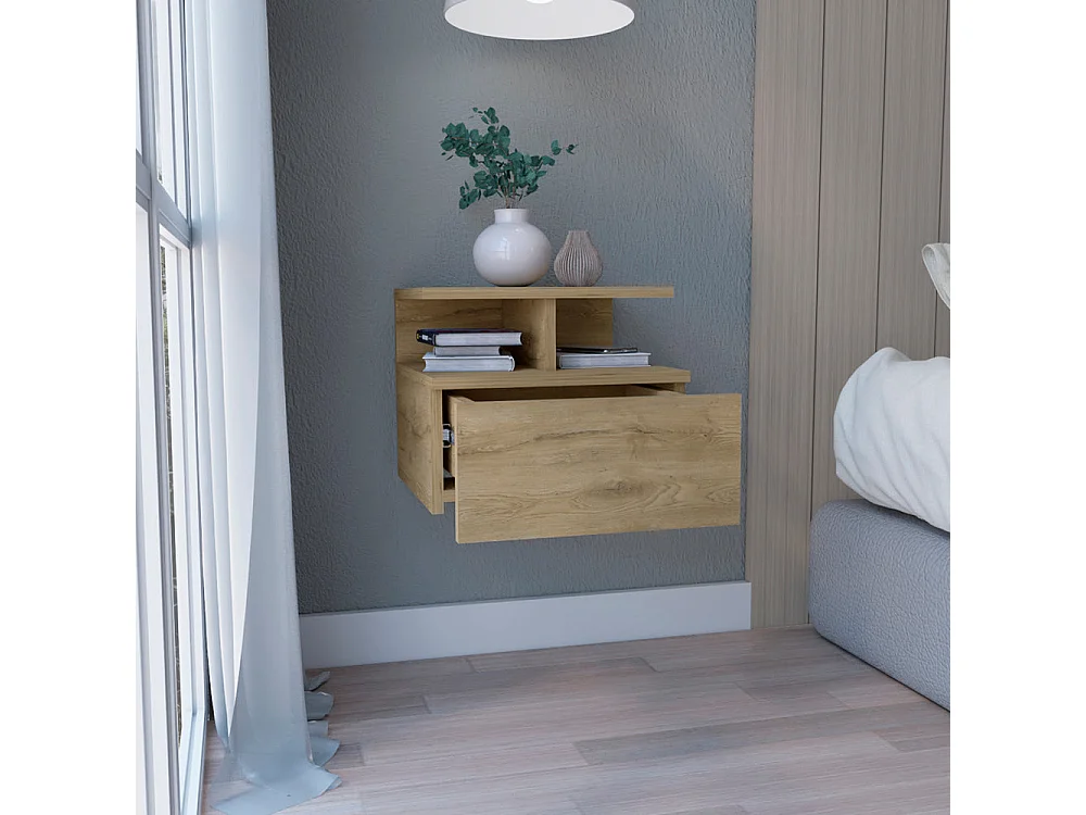 Comodino galleggiante Augusta con due ripiani aperti e un cassetto su guida metallica , 29.5 cm X 35.6 cm X 33.6 cm , Macadamia