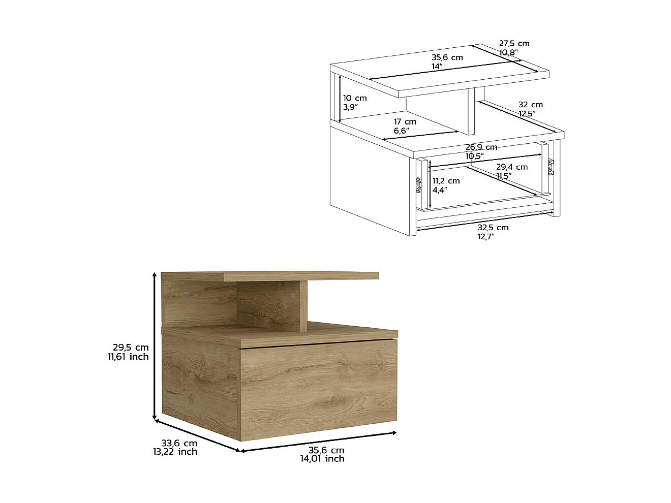 Table de chevet flottante Augusta avec deux tablettes ouvertes et un tiroir sur rail métallique , 29.5 cm X 35.6 cm X 33.6 cm , Macadamia