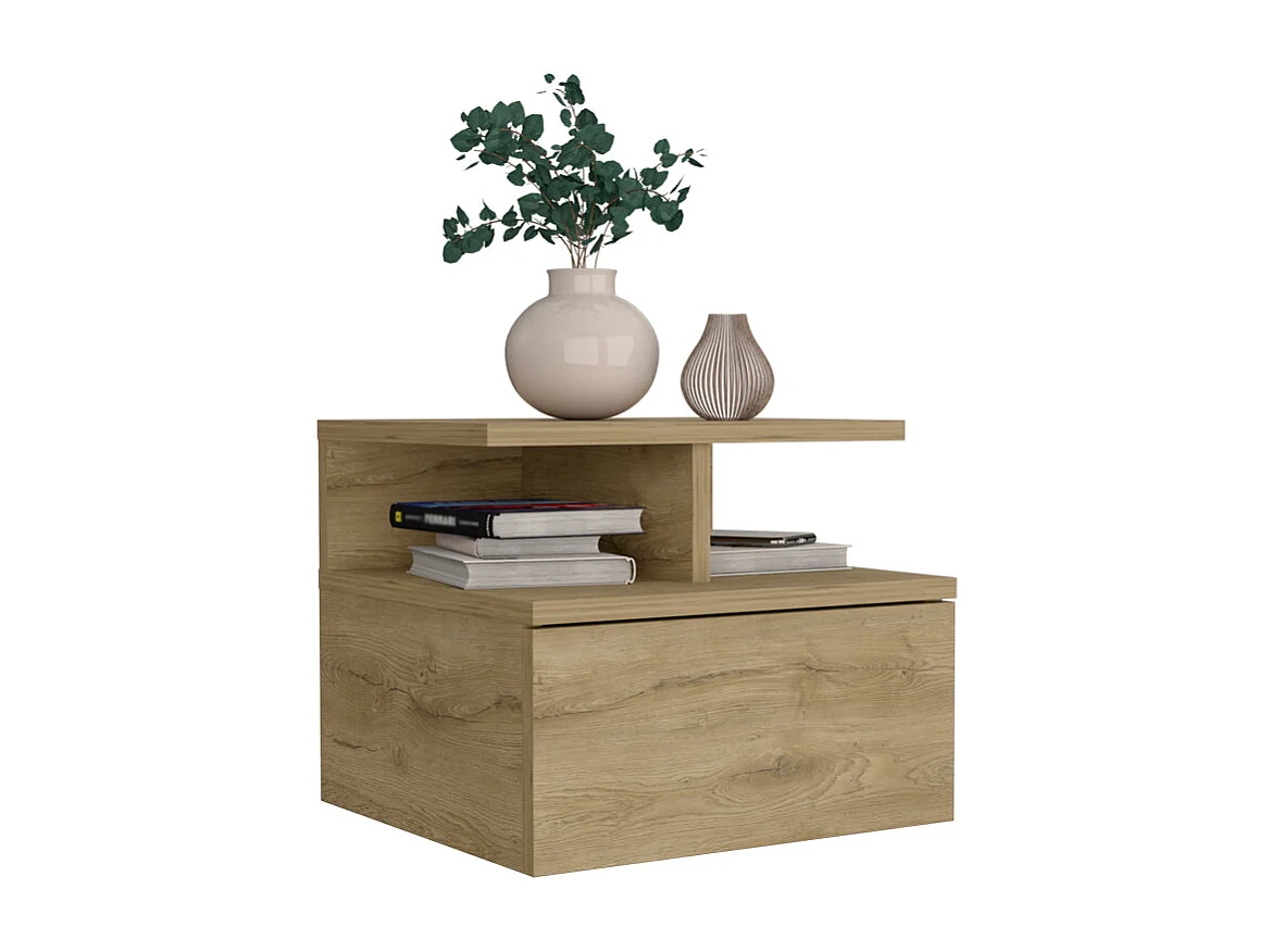Table de chevet flottante Augusta avec deux tablettes ouvertes et un tiroir sur rail métallique , 29.5 cm X 35.6 cm X 33.6 cm , Macadamia