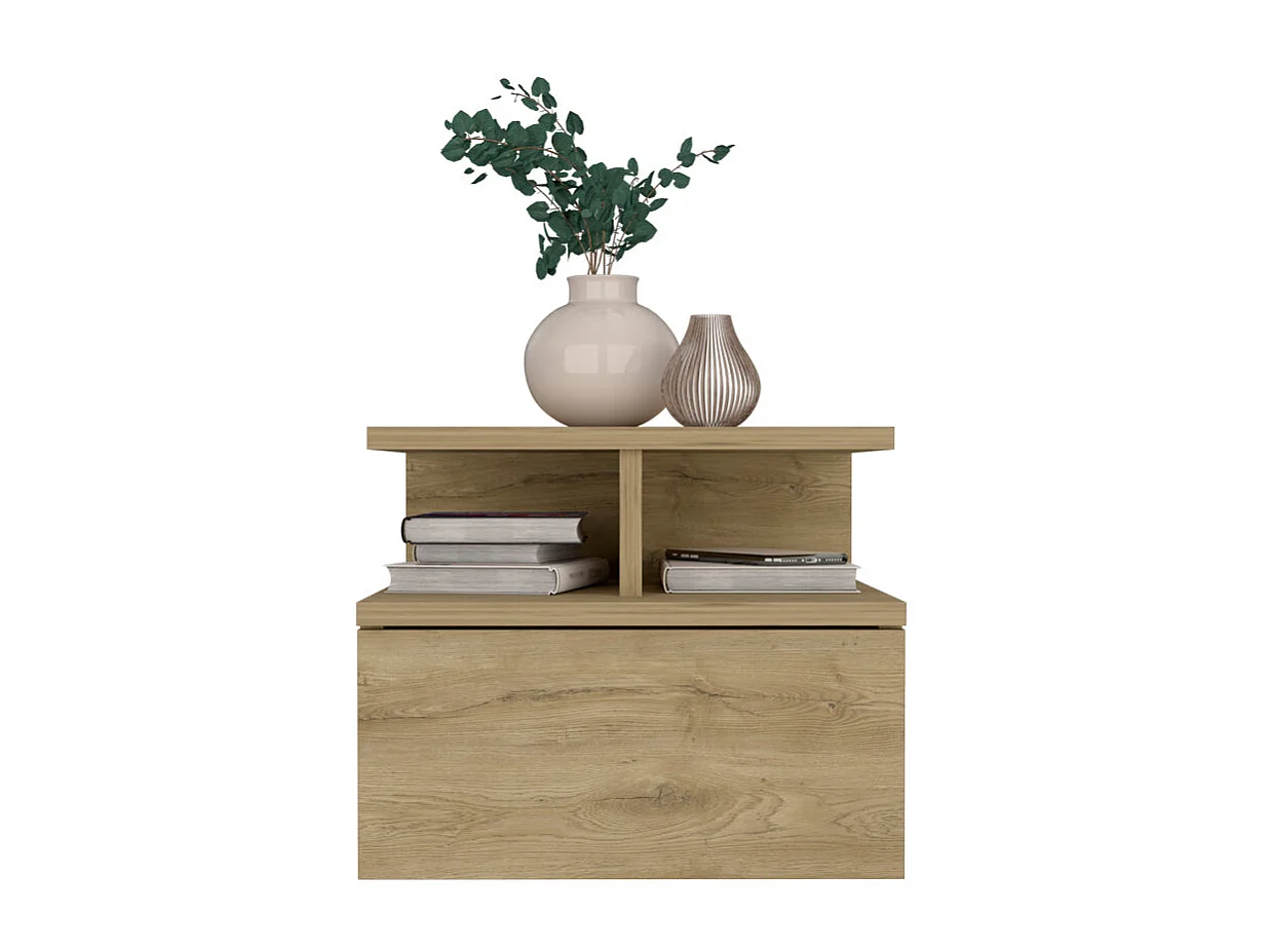 Table de chevet flottante Augusta avec deux tablettes ouvertes et un tiroir sur rail métallique , 29.5 cm X 35.6 cm X 33.6 cm , Macadamia